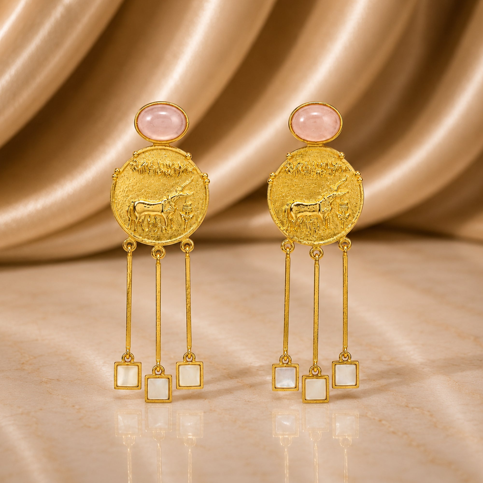 Stellabello Egyptian Edit Gold Plated Statement Earrings for Women & Girls | Designer Coin Drop Artificial Jewellery with Rose Pink Stone & Mother of Pearl Accents | Party, Wedding, Festive & Ethnic Earrings