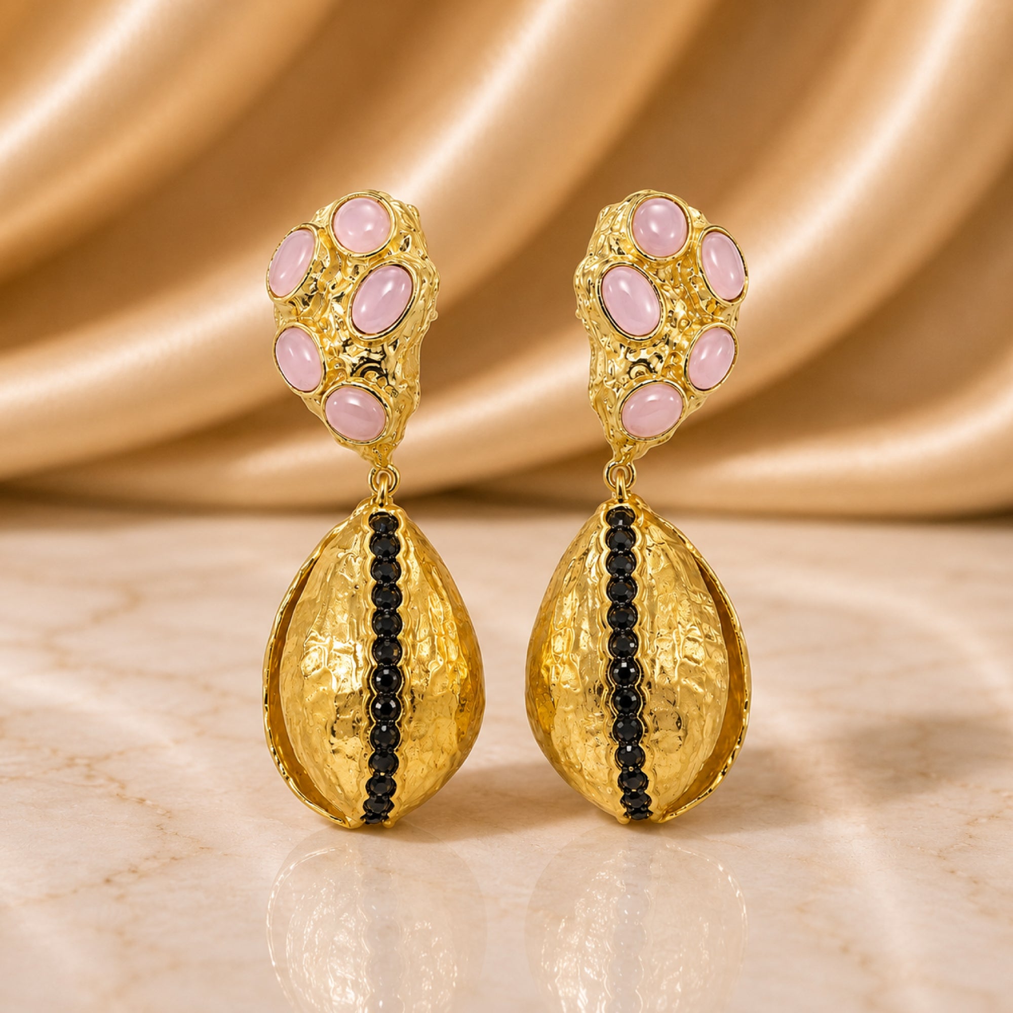 Stellabello Quiet Luxury Gold Plated Statement Earrings for Women & Girls | Designer Artificial Jewellery Drop Earrings with Pink Stones & Black Crystal Accents | Party, Wedding, Festive & Western Earrings
