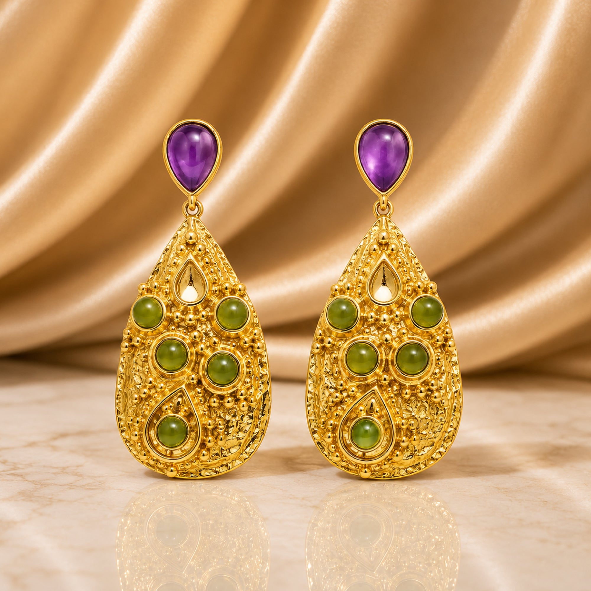 Stellabello Mysa Gold Plated Statement Earrings for Women & Girls | Designer Artificial Jewellery Drop Earrings with Purple & Green Stones | Party, Wedding, Festive & Ethnic Fashion Earrings