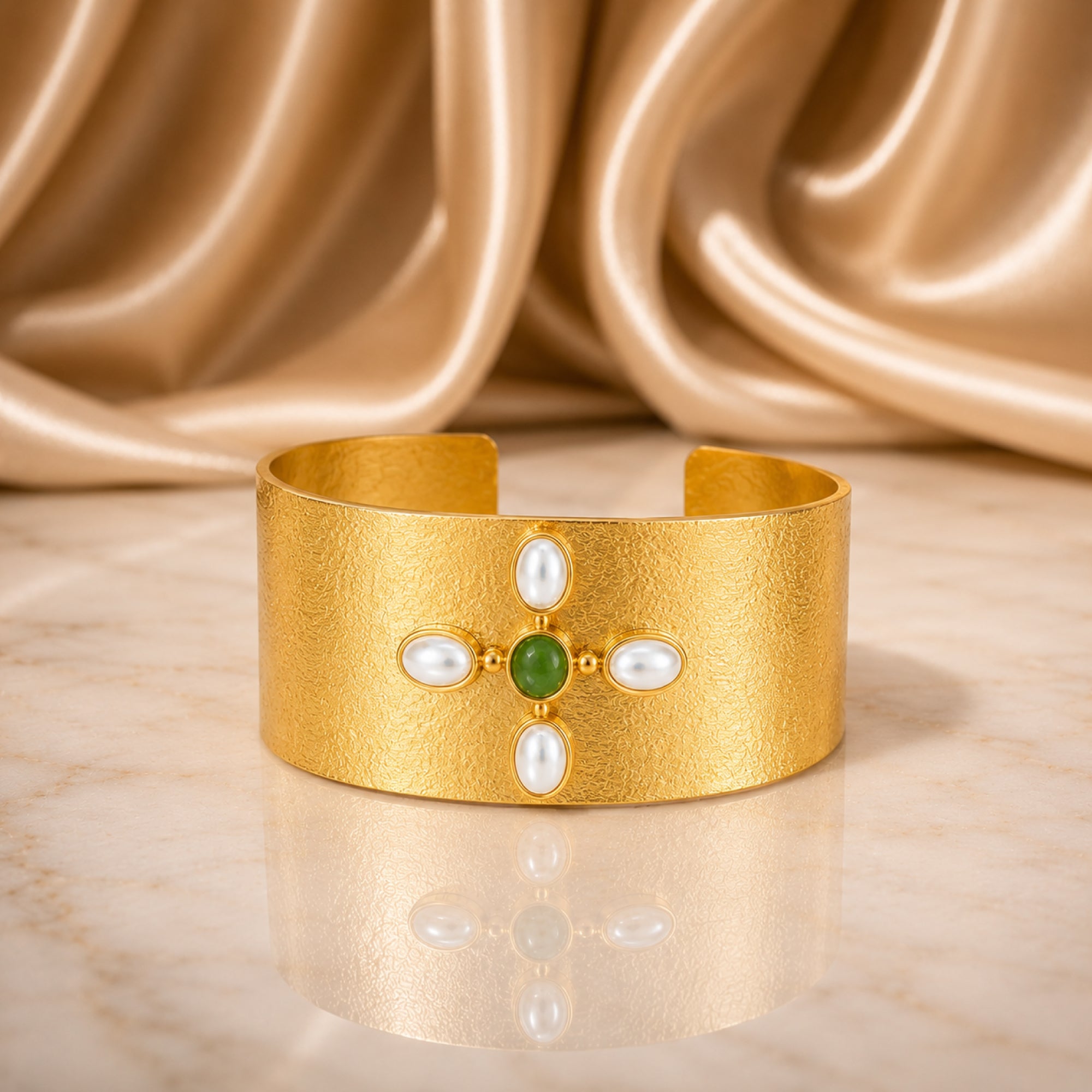 Stellabello Stardust Gold Plated Kada Bracelet for Women & Girls | Designer Open Cuff Hand Bracelet with Green Stone & Pearl Accents | Premium Artificial Jewellery for Party, Wedding, Festive & Ethnic Wear