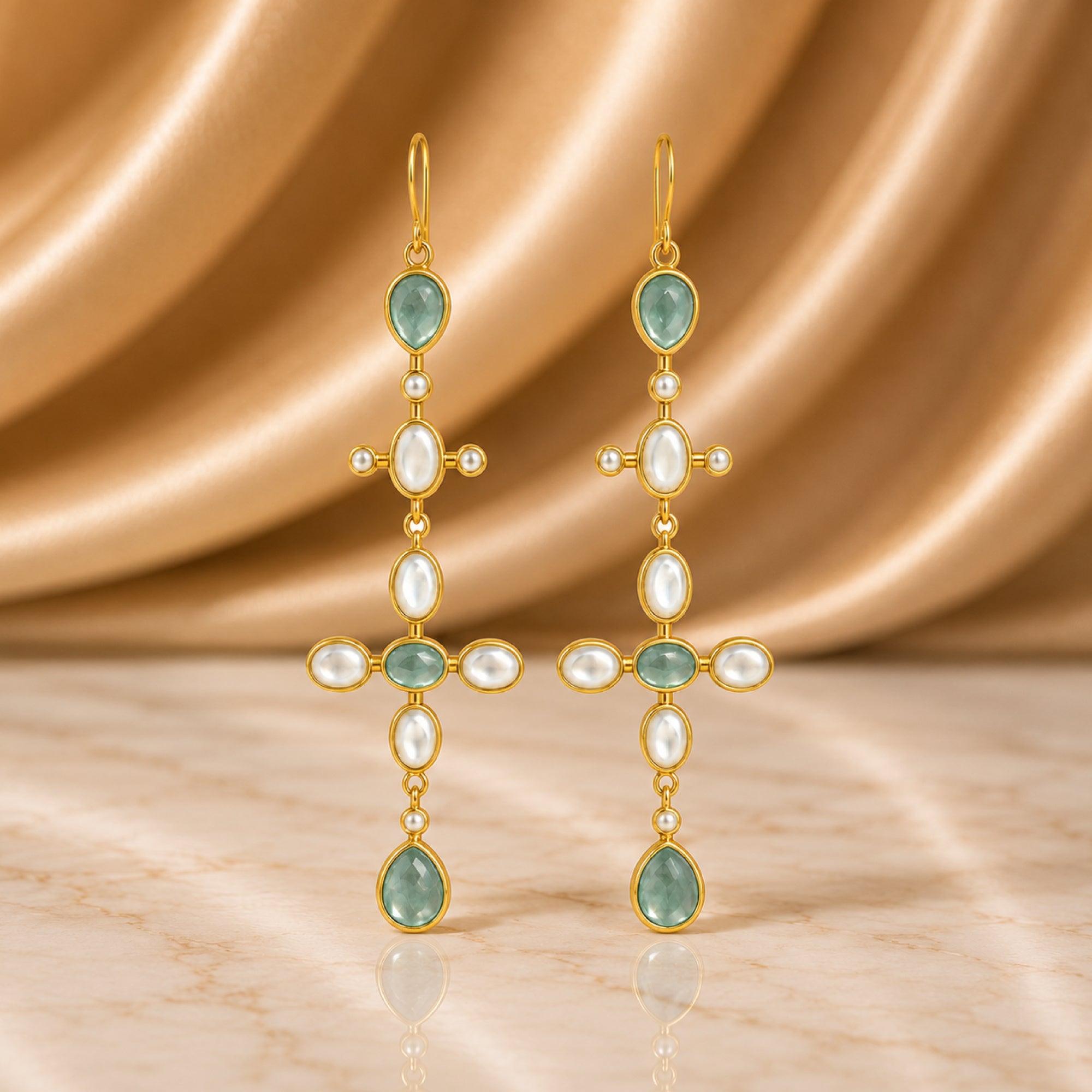 Stellabello Estele Gold Plated Long Drop Earrings for Women & Girls | Designer Artificial Jewellery Statement Earrings with Green Stone & Mother of Pearl | Party, Wedding, Festive & Western