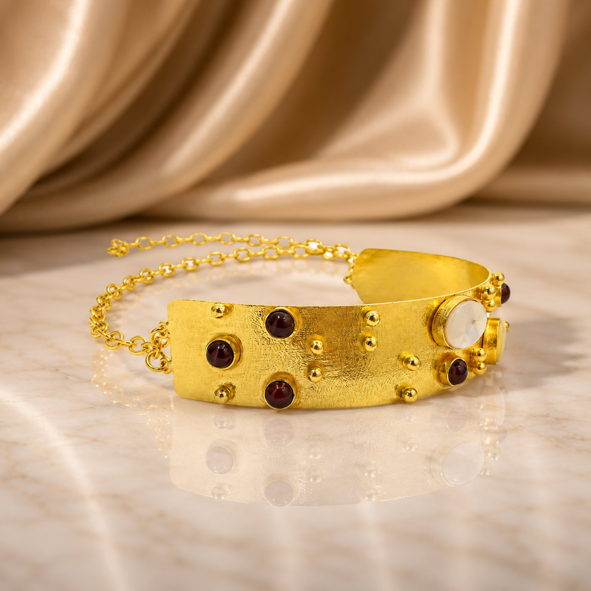Stellabello Soft Launch Gold Plated Statement Bracelet for Women & Girls | Designer Artificial Jewellery Cuff Bracelet with Brown & White Stones | Adjustable Party, Wedding, Festive & Western Fashion Bracelet