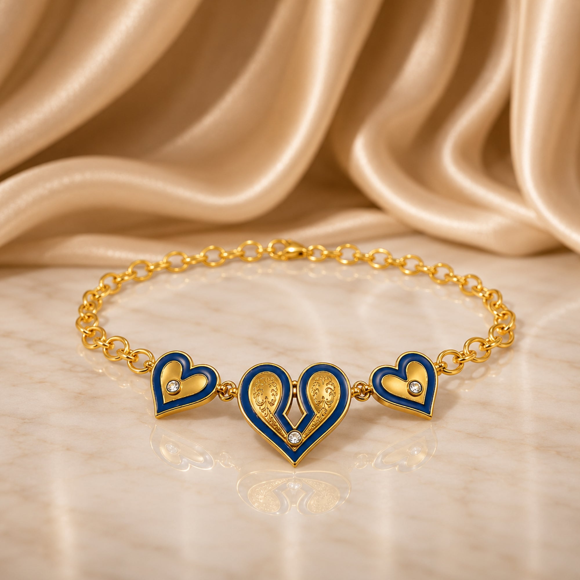 Stellabello Heart Edit Gold Plated Heart Charm Bracelet for Women & Girls | Designer Artificial Jewellery Bracelet with Blue Enamel & Crystal Accents | Adjustable Party, Wedding, Daily & Western Fashion Bracelet