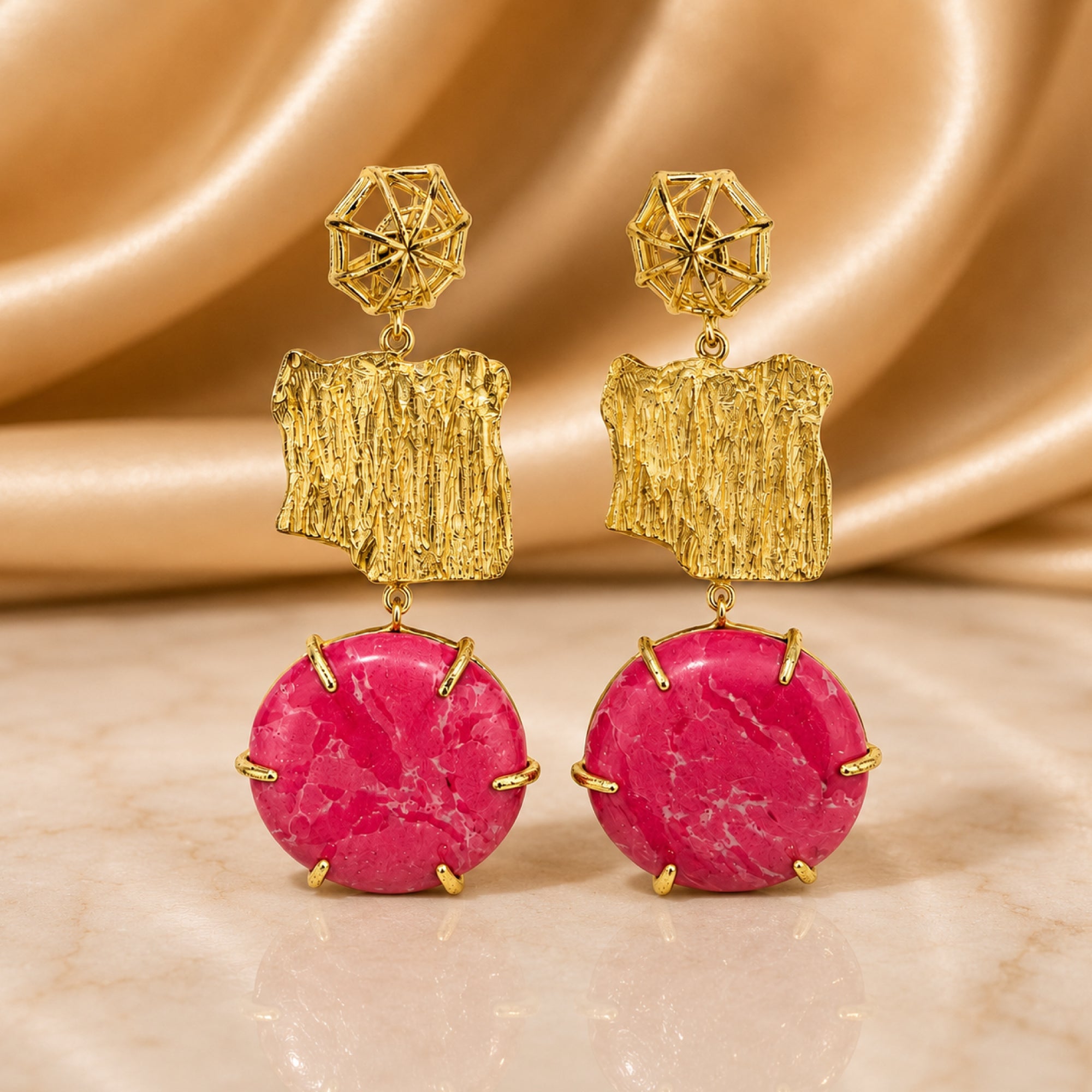 Stellabello Main Character Gold Plated Statement Earrings for Women & Girls | Designer Artificial Jewellery Drop Earrings with Pink Natural Stone | Premium Party, Wedding, Festive & Western Earrings